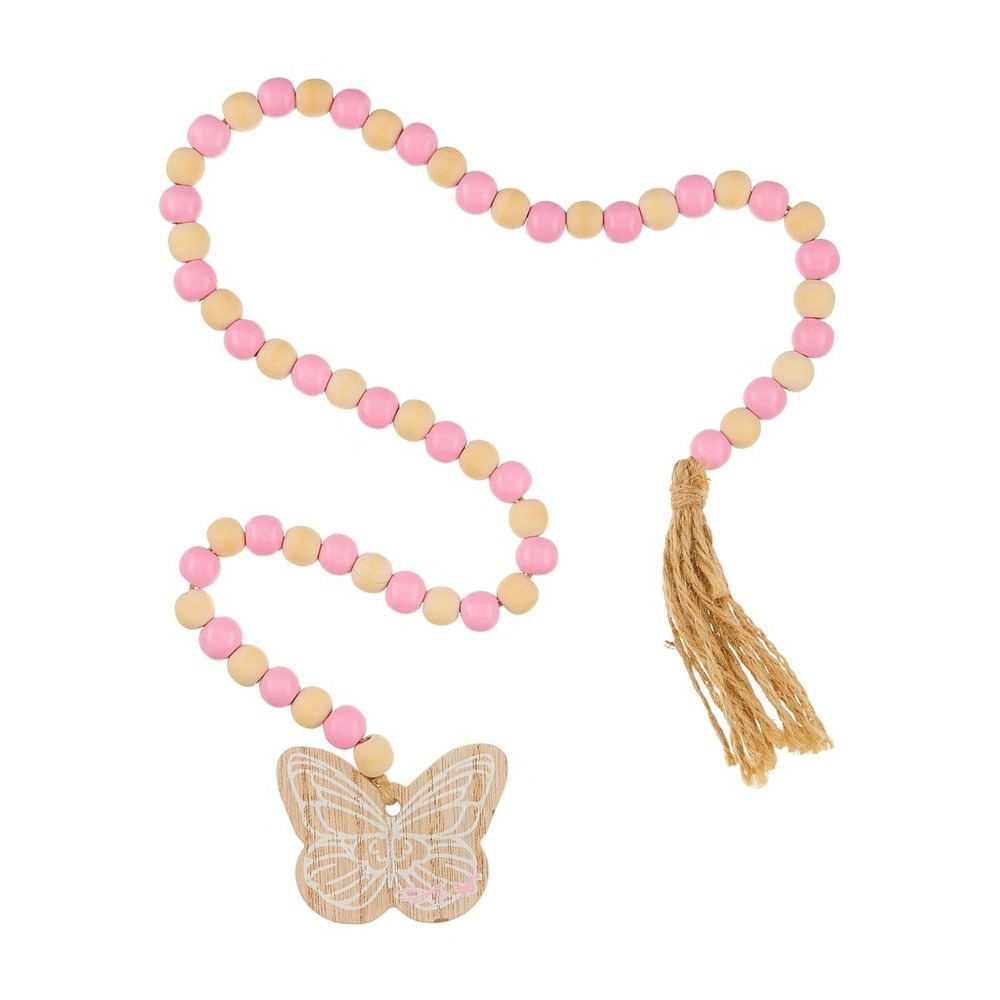 Dolly Parton NEW Pink Wood Bead Garland Butterfly Charm Jute Tassel 30 Inch